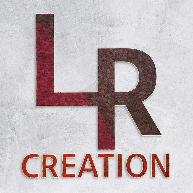 Logo LR Création végétal en lichen des rennes naturel sur un socle en PVC de 19 mm creusé