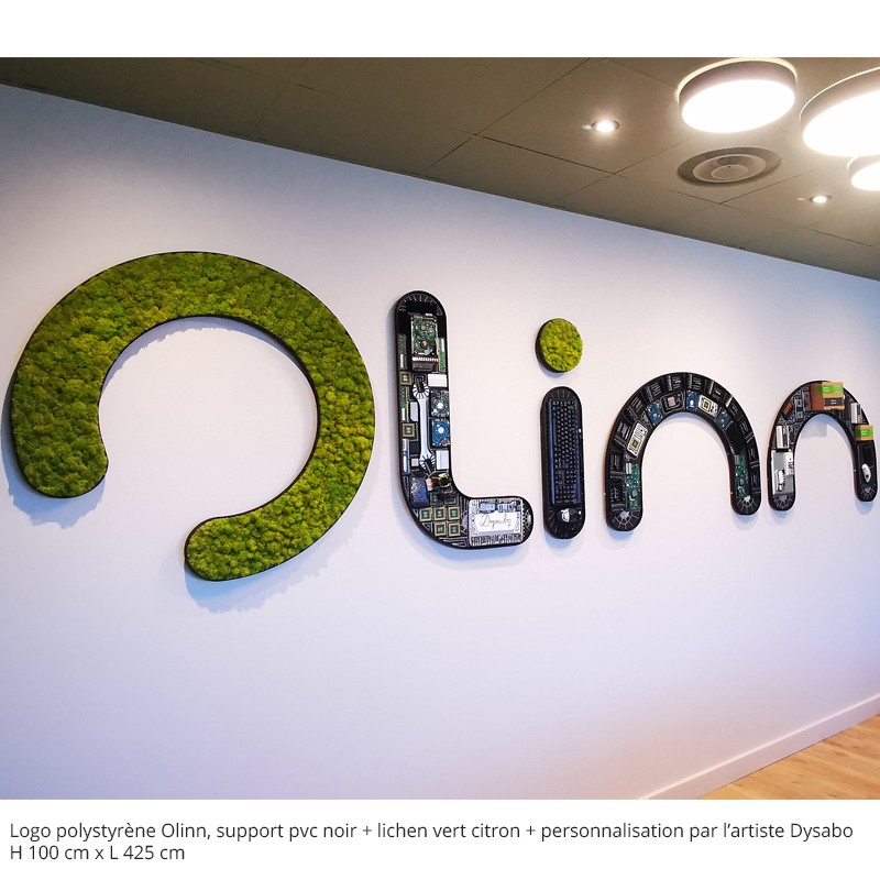 LOGO VEGETAL , OLINN , DYSABO, PVC NOIR ,LICHEN VERT CITRON , PERSONNALISÉ RECYCLAGE ELECTRONIQUE