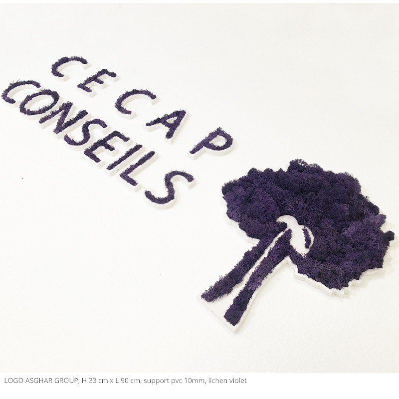 logo asghar group, support pvc blanc 10 mm , lichen violet